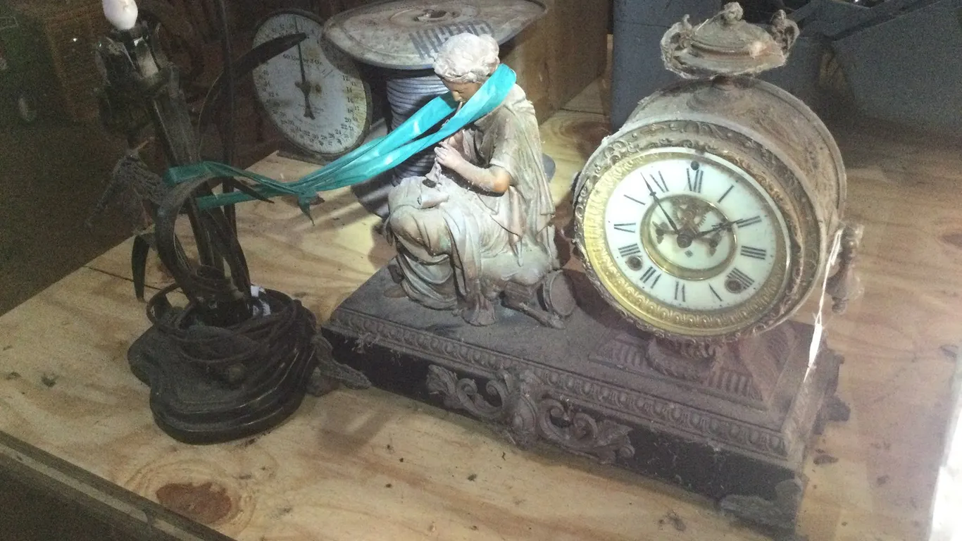 Metal Mantel Clock with Lady Playing Instrument