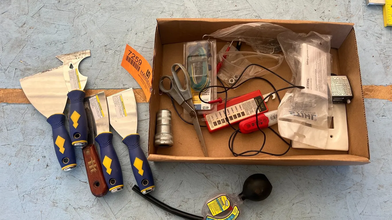 Multiple Putty Knifes, Coolant Tester, Fence Tester, and Battery Terminal Cleaner