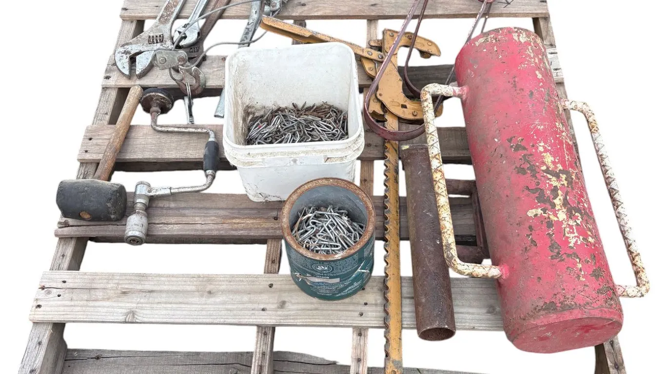 Crest wrenches, nails, barb wire staples, come- along puller, fence stretcher,post pounder, barb wir
