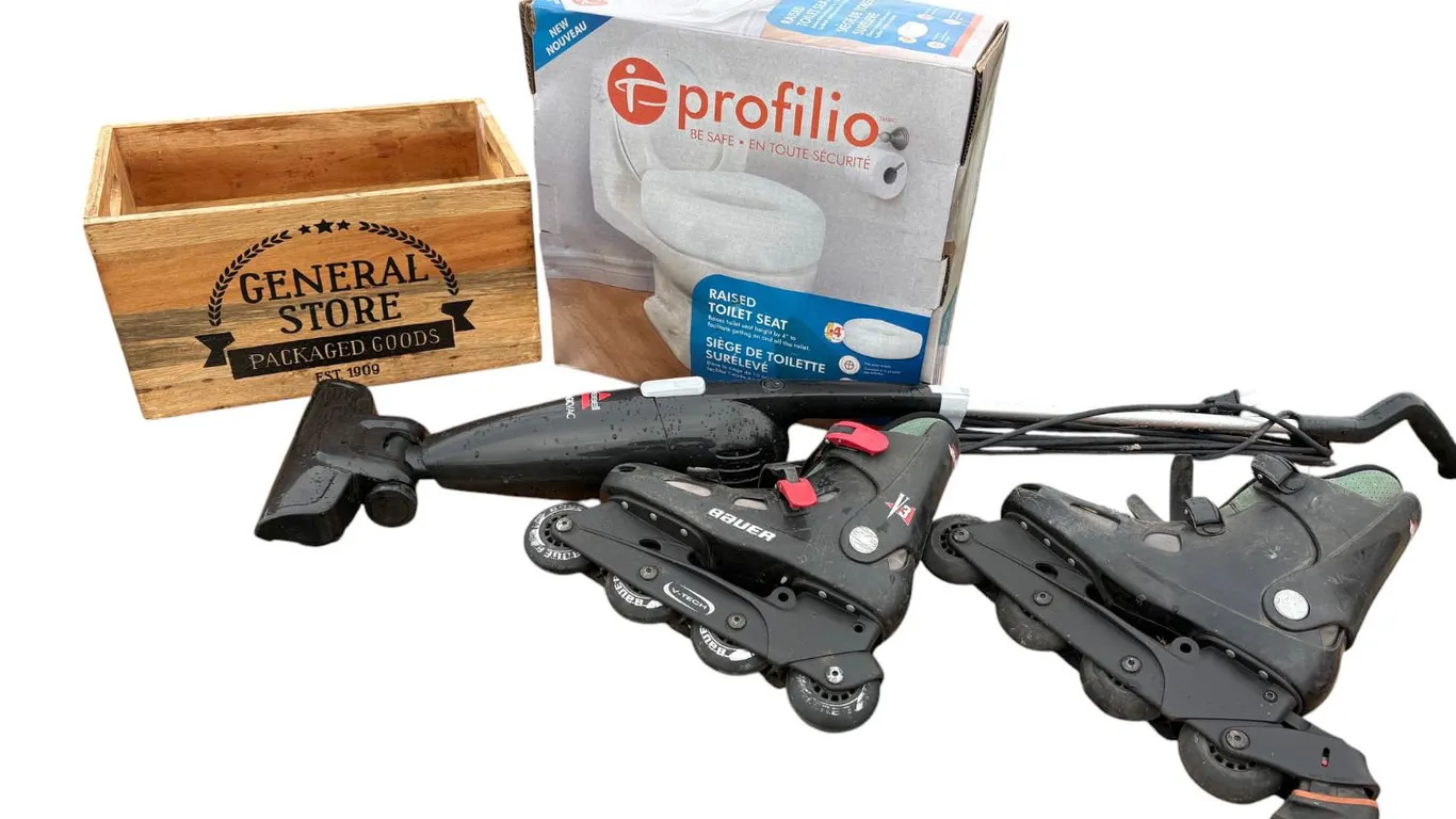 Profilio toilet seat (new), Bissell Magic Vac, Bauer roller blades size 8-9, General Store wood box