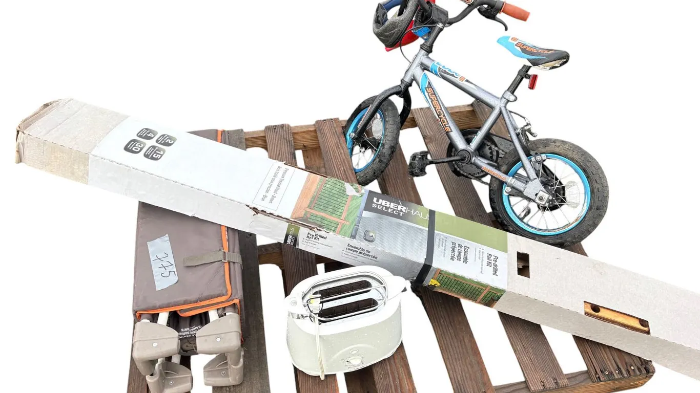 Pallet of pre-drilled rail (NEW in box), Kids bike and helmet, Play Pen,Toaster