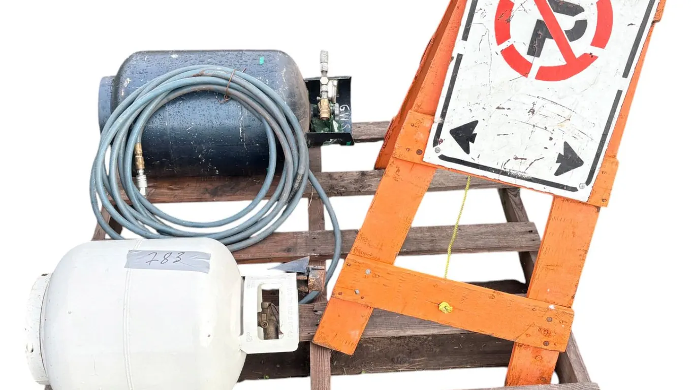 Propane bottle, portable air tank with hose, no parking sign
