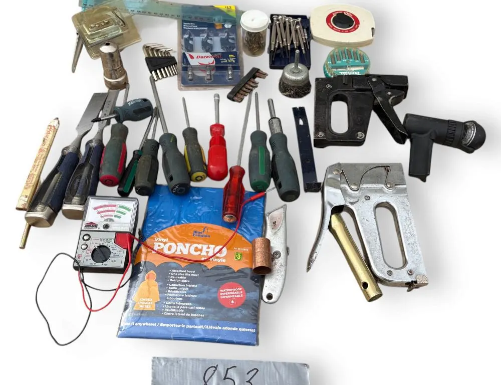 Screw Driver Misc Size, Wood Chisels, Staple Guns, Allen Wrenches, Small Light, Tape Measure, Poncho
