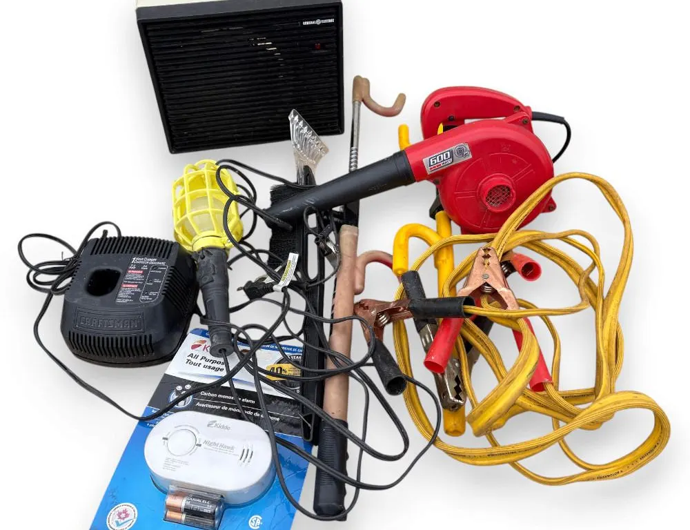 600 Watt Blower, Trouble Light, Booster Cable, General Electric Heater, Carbon Monoxide Alarm, 2 Ste