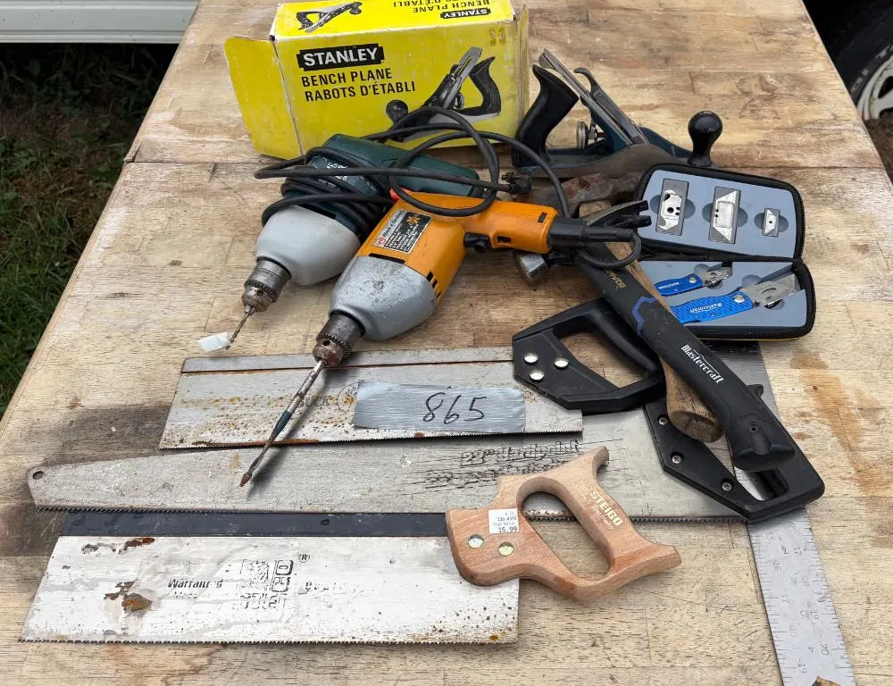 2 Black and Decker Drills, Stanley Planer, Hand Saws, Mastercraft Hammer, Mastercraft Utility Blade,