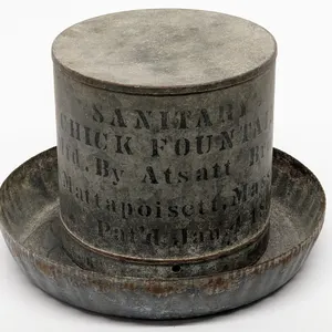 QUART - PAT 1898 TIN CHICKEN WATERER SANITARY CHICK FOUNTAIN ATSATT BROS MATTAPOISETT MASSACHUSSETTS