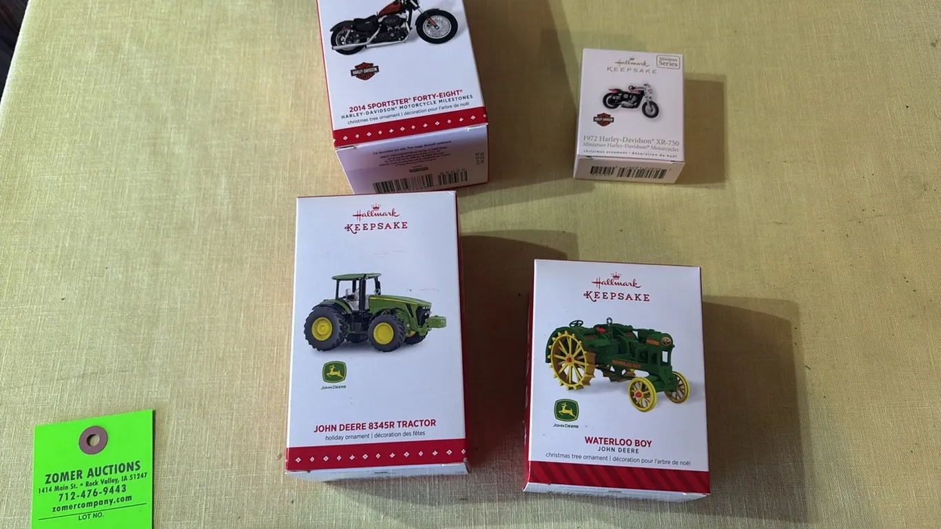 Hallmark tractor and motorcycle ornaments