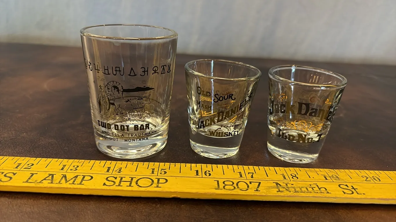 2- Jack Daniels & 1- Two Dot Bar Shot Glasses