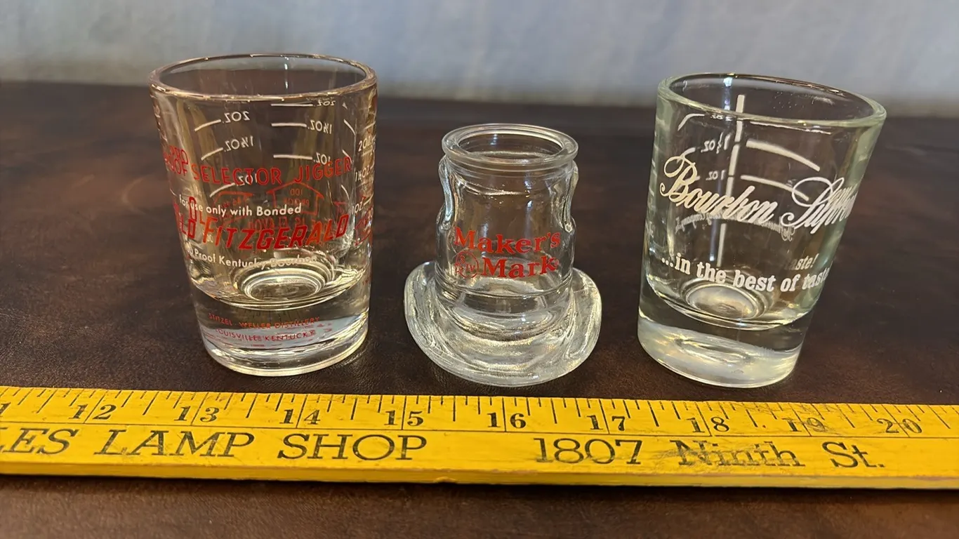 Old Fitzgerald, Maker’s Mark & Bourban Supreme Shot Glasses