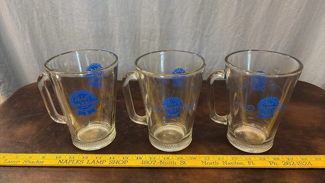 3-Pabst Blue Ribbon Large Glass Steins