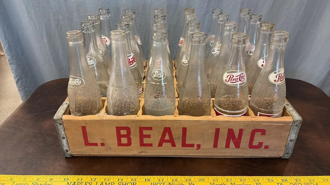 L. Beal Wood Crate w/ Glass Pepsi Bottles