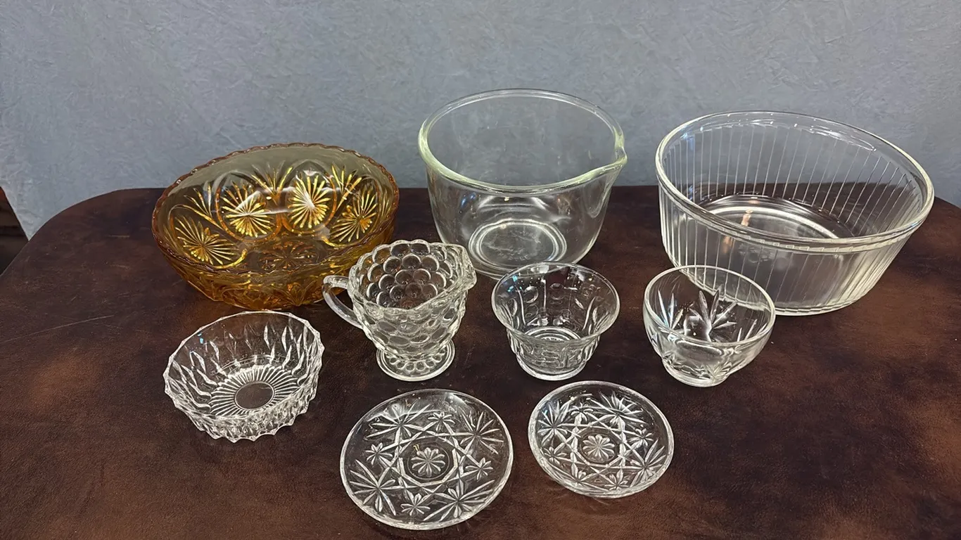 Clear Glass Dishes & Amber Bowl