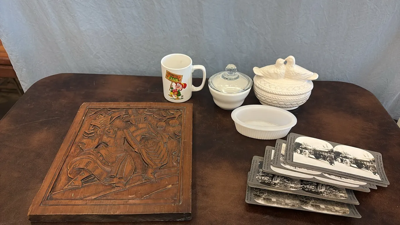 WWI Stereoscope Cards, Carved Wood Decor & Dishes