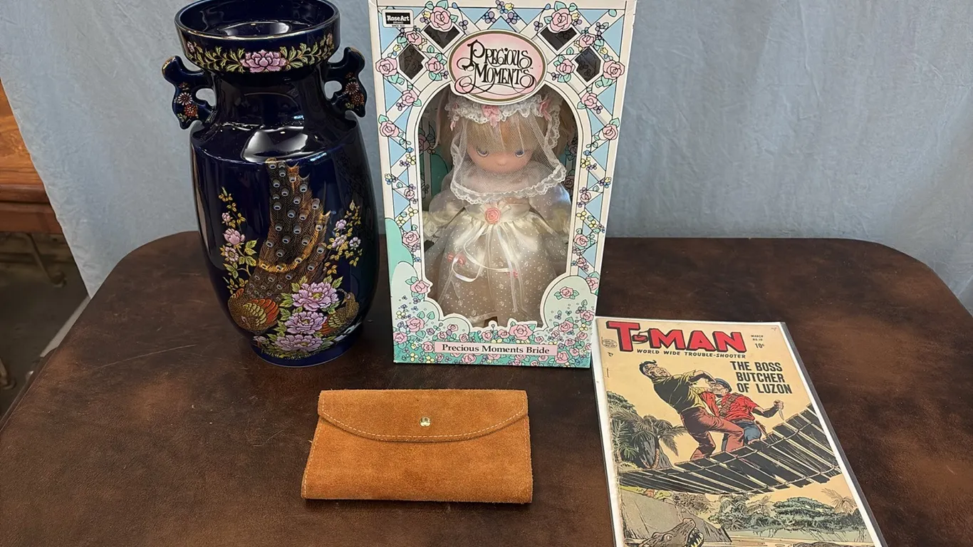 Japanese Vase, Precious Moments Bride Doll, T-Man Comic Book & Wallet