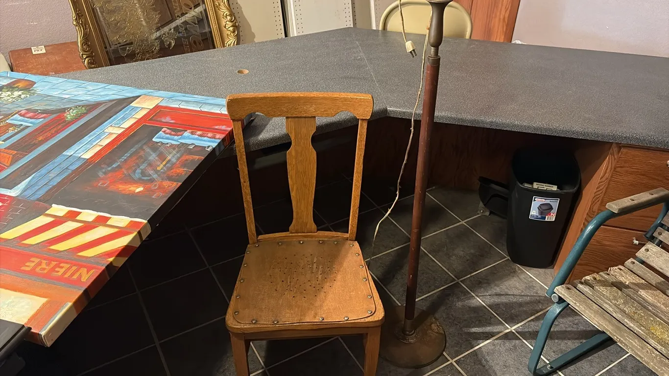 Wood Chair & Antique Floor Lamp