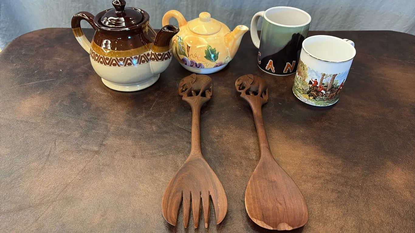 Tea Pots, Mugs & Elephant Wood Utensils