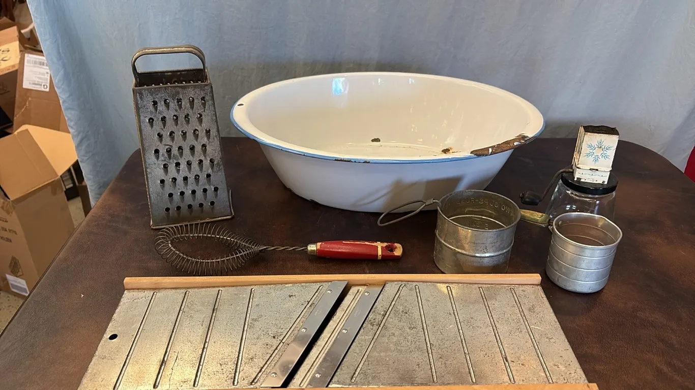Enamel Bowl w/ Vintage Kitchen Items
