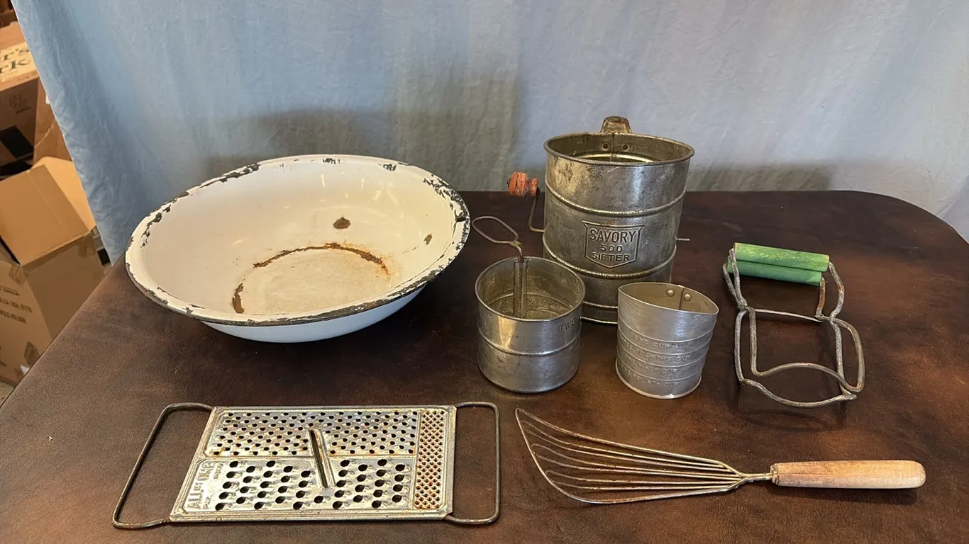Enamel Bowl w/ Vintage Kitchen Items