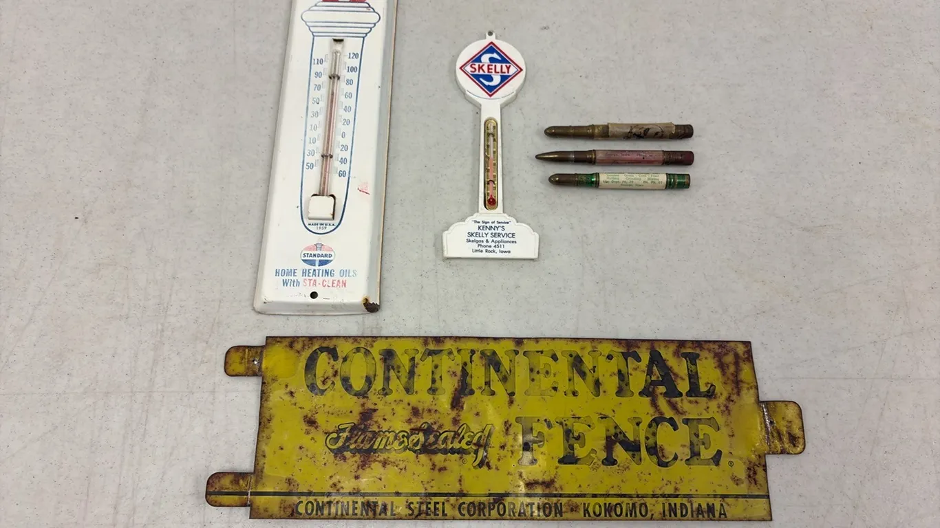 Continental Fence Sign, Standard Oil & Skelly Thermometers, Bullet Pencils