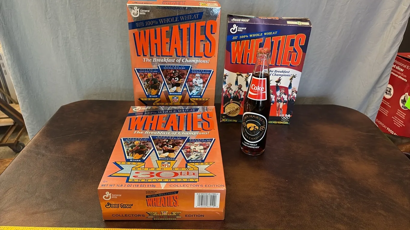 Wheaties Sports Boxes & Iowa Coca Cola Bottle