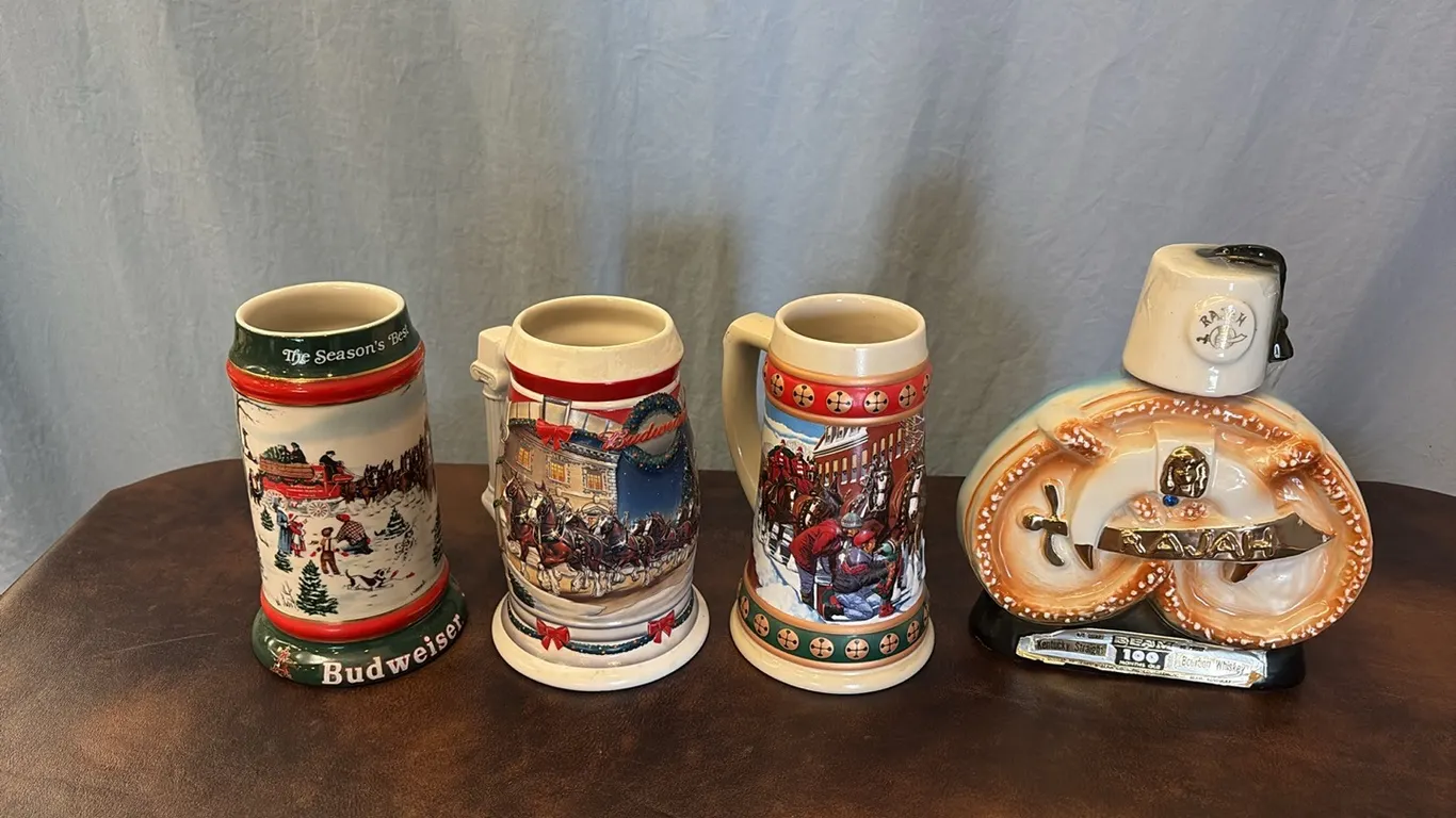 3- Budweiser Steins & Jim Beam Decanter
