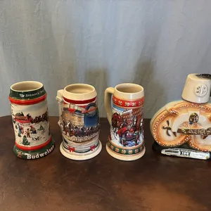 3- Budweiser Steins & Jim Beam Decanter