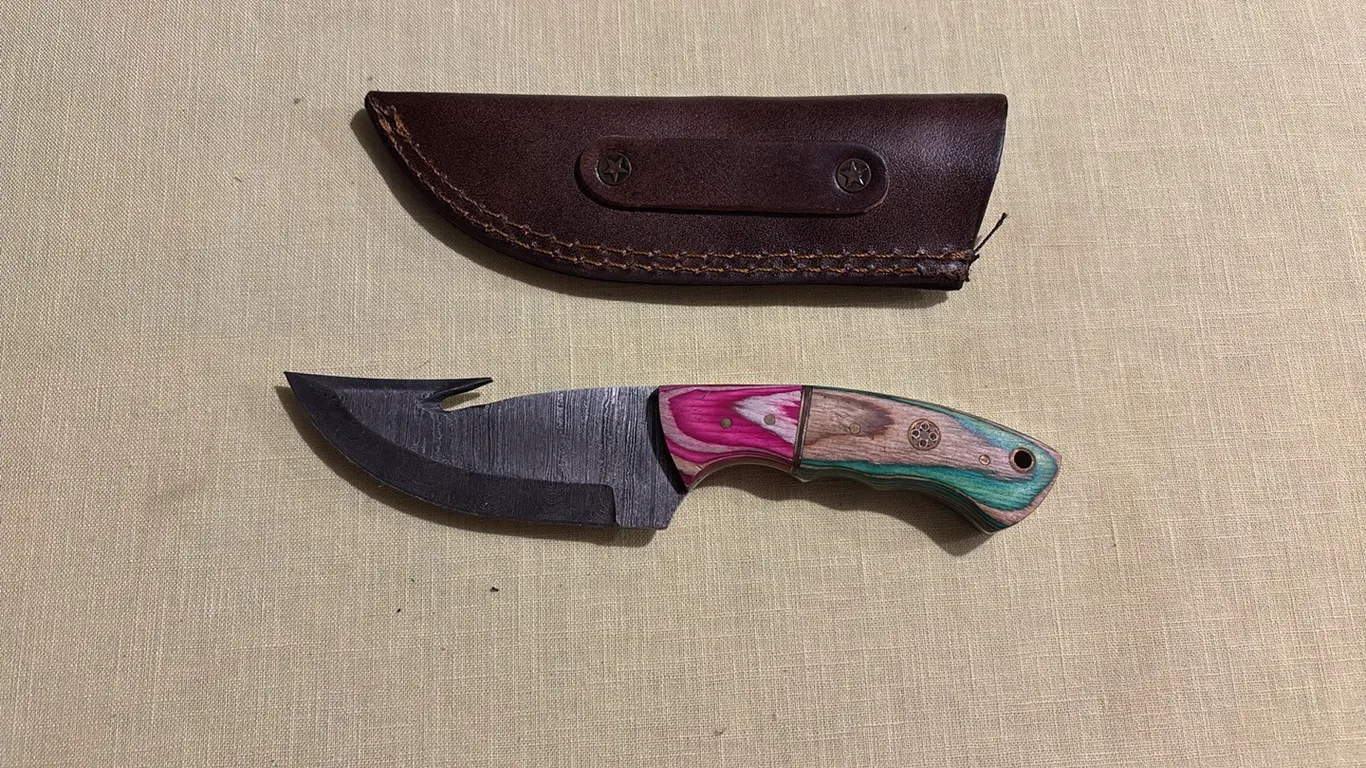 Damascus steel knife with gut hook