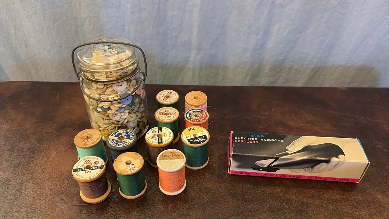Jar of Buttons, Thread & Electric Scissors