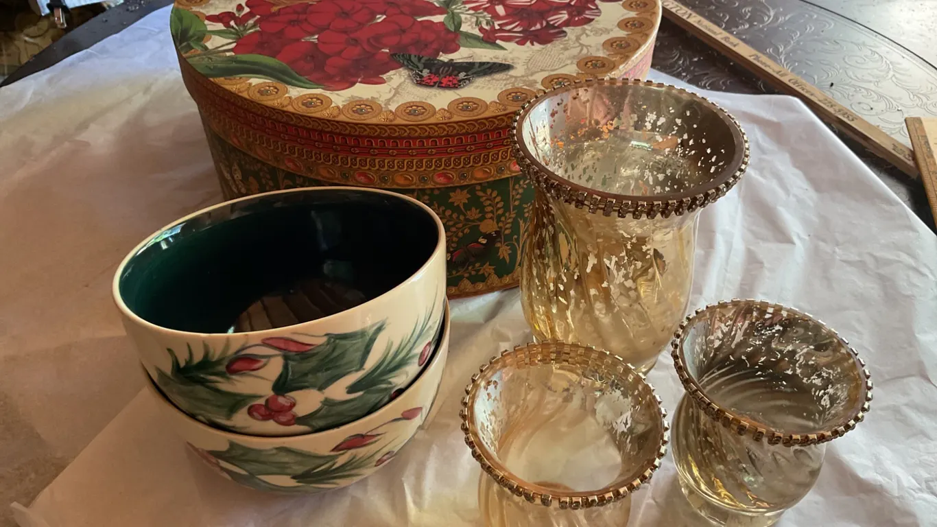 Decorative Box, Ceramic Bowls, and Mercury Glass Vases with Gold Accents