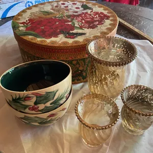 Decorative Box, Ceramic Bowls, and Mercury Glass Vases with Gold Accents