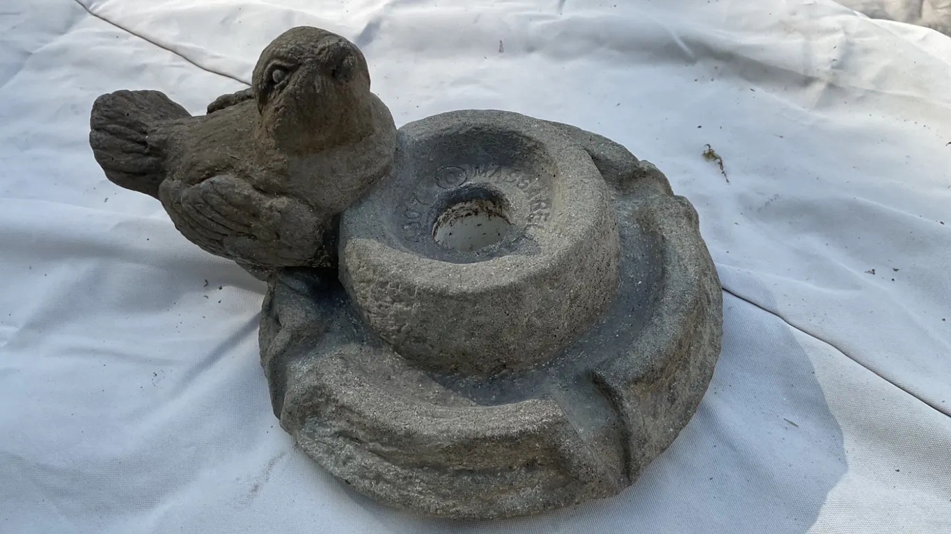 Concrete Bird Figurine on Circular Base, Dated 2006, by Massarelli’s