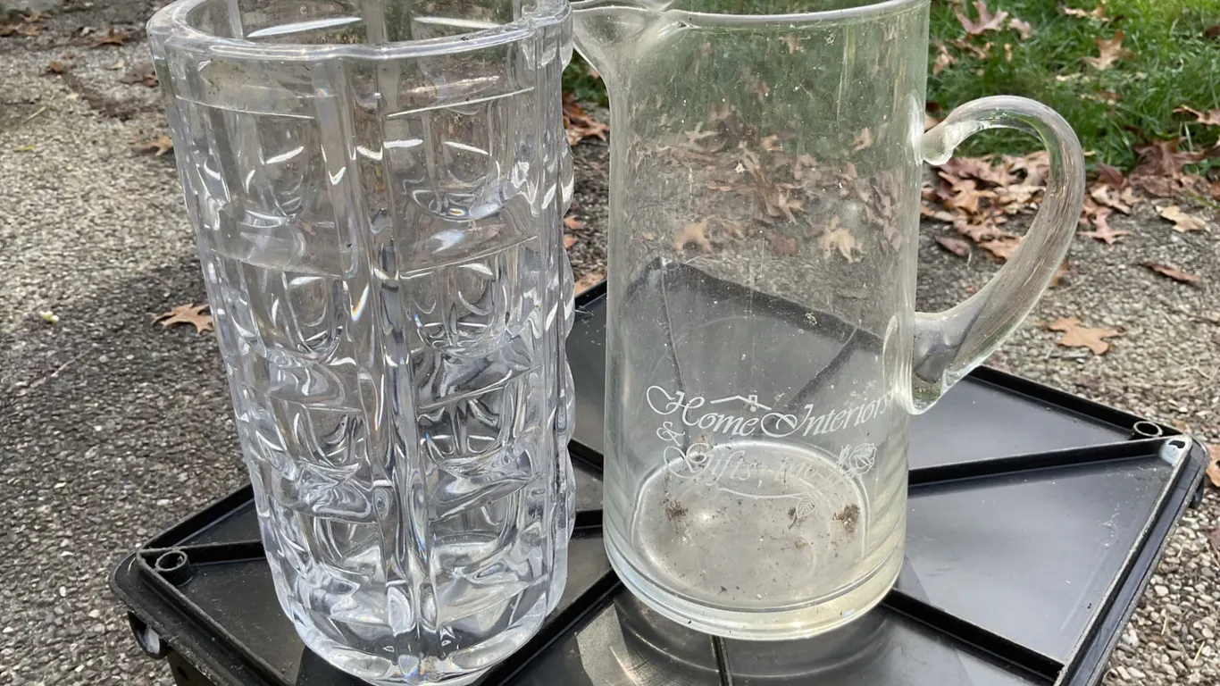 Glass Pitcher and Carved Clear Glass Vase