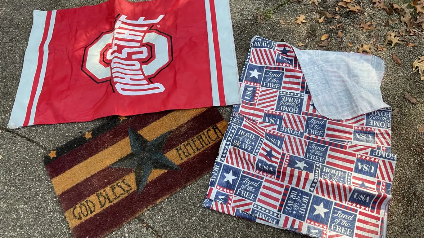OSU Flag, USA-Themed Tablecloth, and ‘God Bless America’ Door Mat