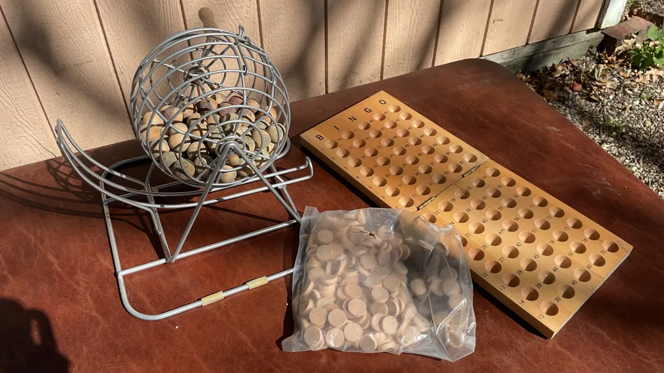 Metal Bingo Cage and Accessories With Wooden Bingo Board and Discs