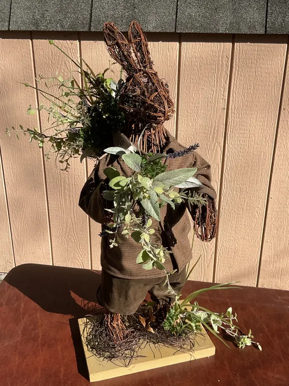 Brown Wicker Rabbit-Form Sculpture With Artificial Plant Accents