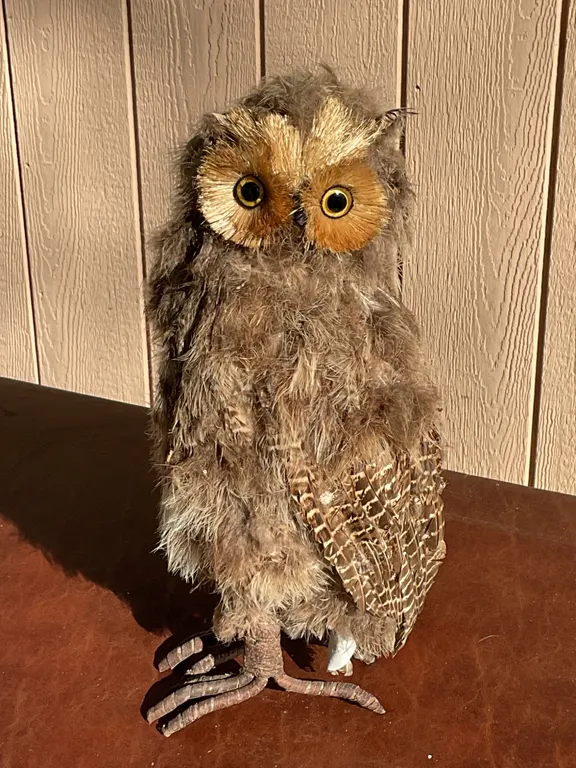 Feather-Covered Owl Figurine With Yellow Eyes and Detailed Claws