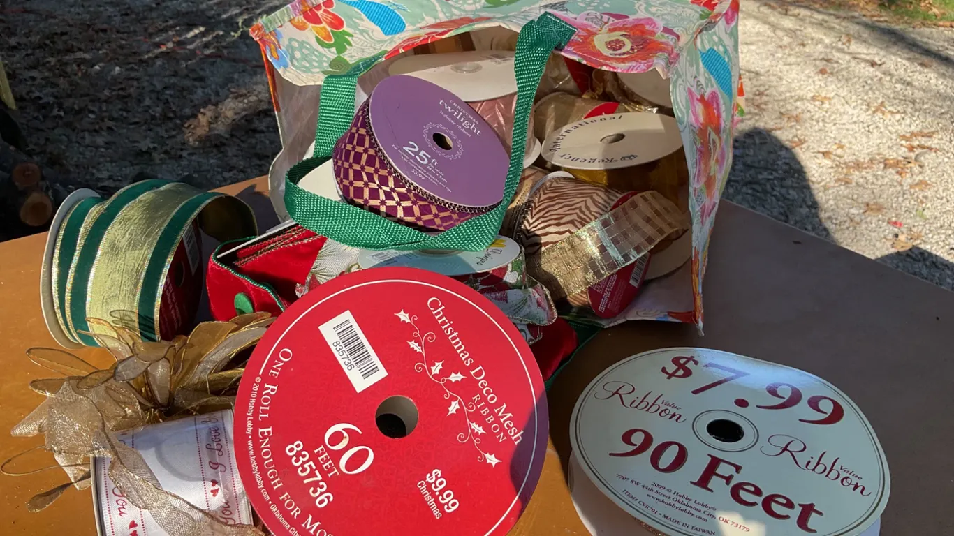 Ribbon Spools in a Floral Tote Bag, Mixed Styles and Colors