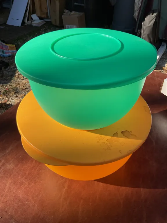 Two Vintage Tupperware Bowls With Lids in Green and Yellow