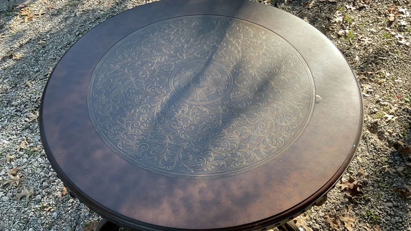 Round Metal and Faux Leather Table With Decorative Embossed Top