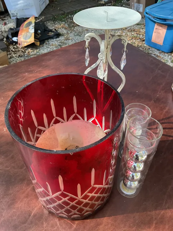 Decorative Red Glass Hurricane, Candle Holder, and Glass Vases Set