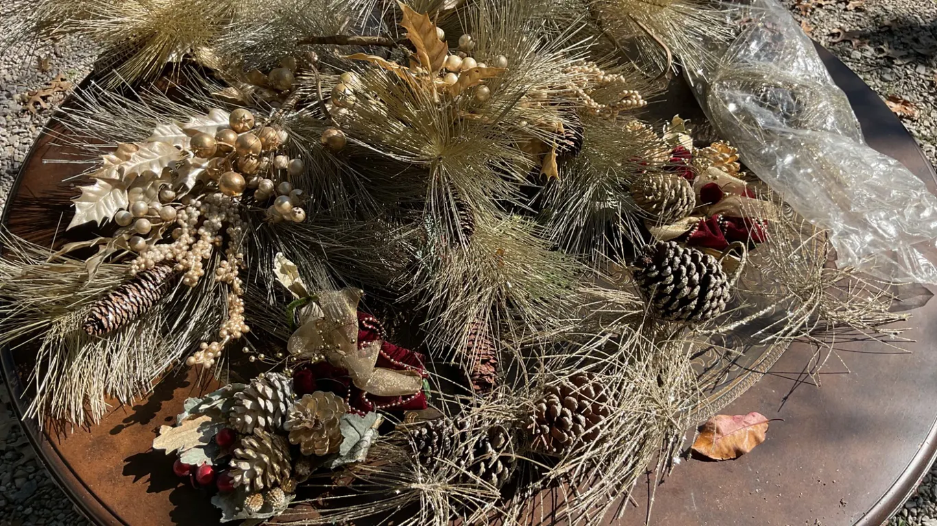 Holiday Decor Lot With Gold, Pinecones, And Faux Greenery