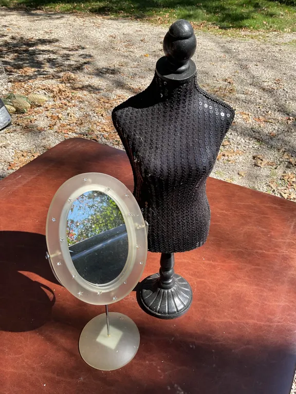 Black Mannequin Bust Figurine and Oval Vanity Mirror