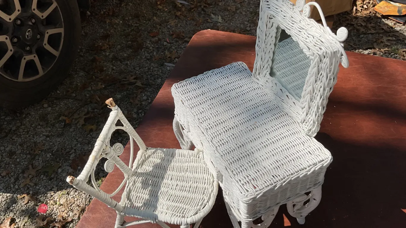 Miniature White Wicker Vanity Set with Mirror and Chair
