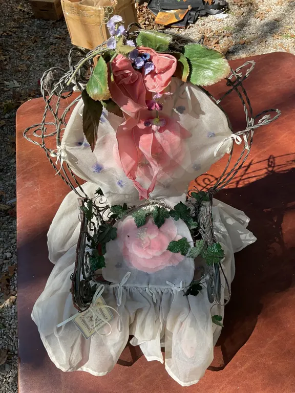 Miniature Decorative Wire Chair with Fabric Accents and Floral Details