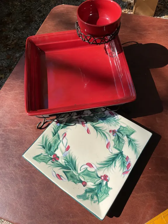 Red Ceramic Serving Set and Holiday Painted Square Plates