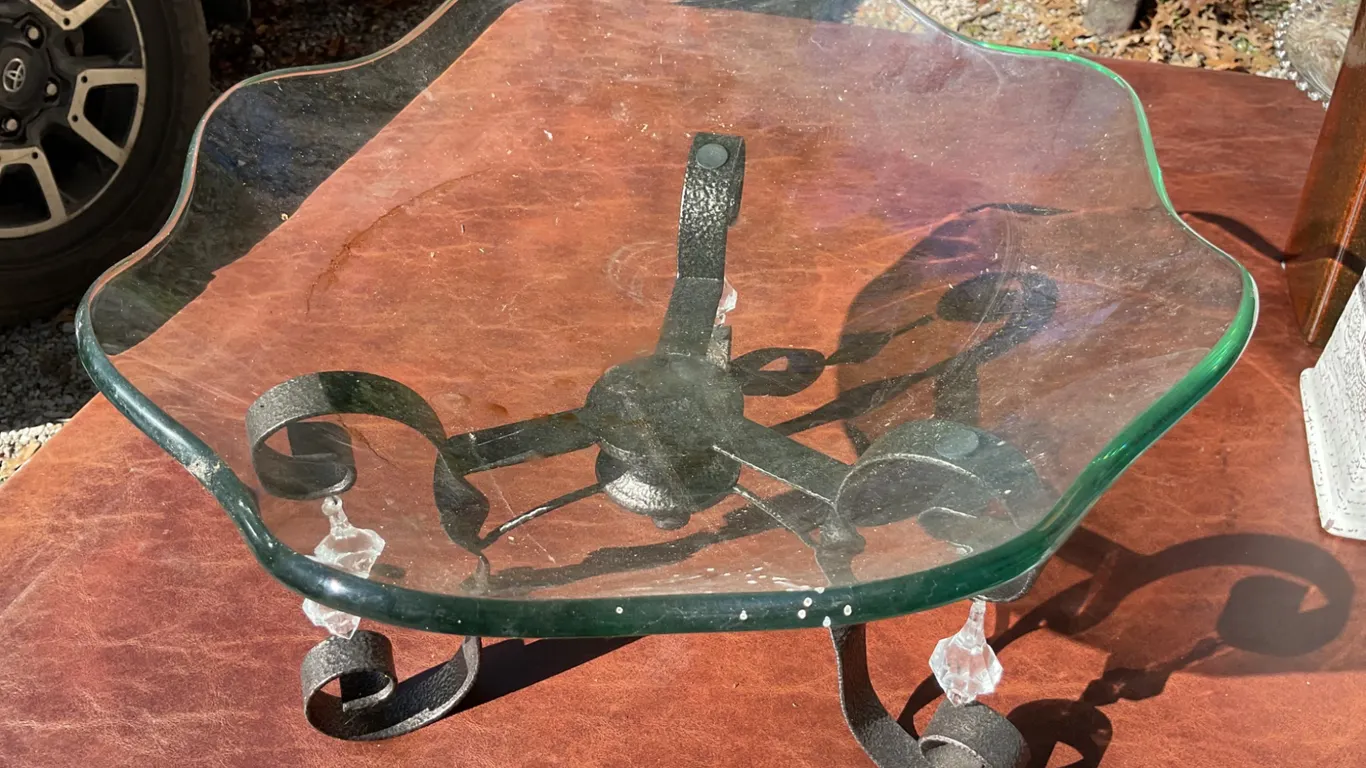 Wrought Iron Glass Serving Plate with Decorative Crystals