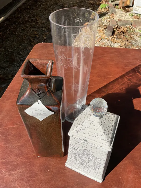 Decorative Ceramic Vase, Lidded Container, and Etched Glass Vase