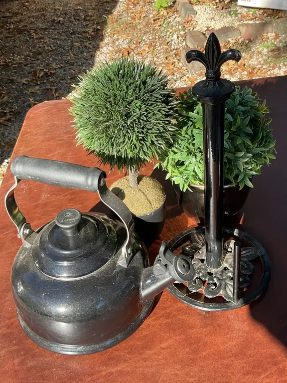 Kitchen and Decorative Items Including Kettle, Paper Towel Holder, and Faux Plants