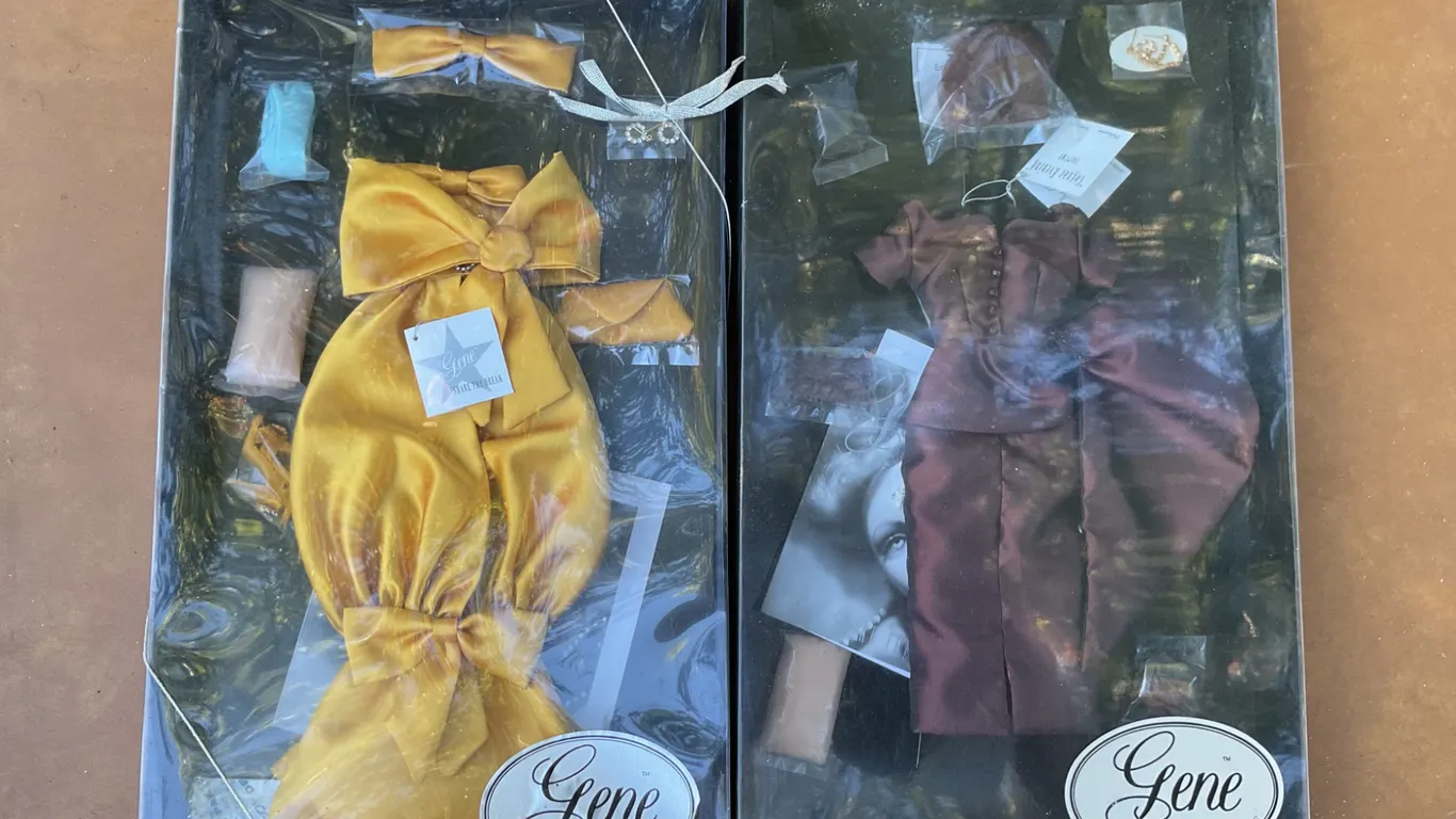 Two Gene Doll Clothing Sets: Satin Yellow and Burgundy with Accessories