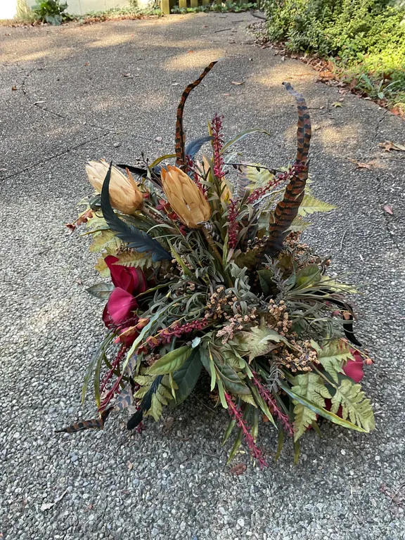 Decorative Faux Floral Arrangement in Metal Urn